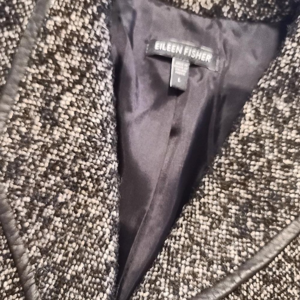 ⚜️ EILEEN FISHER ⚜️ sz L black tweed & leather lighter coat jacket transitional - Picture 11 of 11